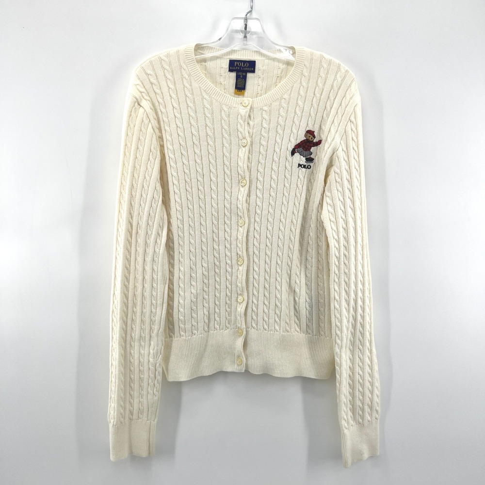 Polo Ralph Lauren Cardigan Kids L 12-14 Cream Polo Bear Cotton Cable Sweater